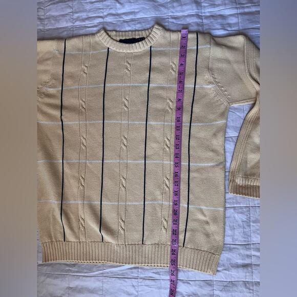 Vintage Light Yellow Plaid Cable Knit Crew Neck Sweater Fishermancore - L - Picture 5 of 6